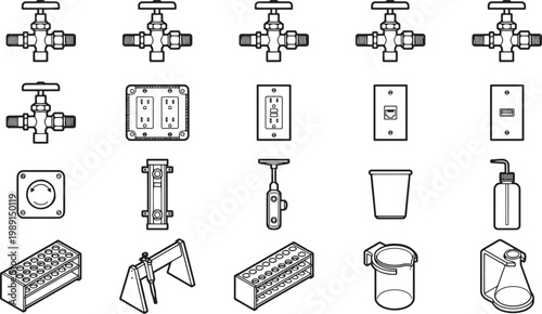 A diverse collection of various components, all illustrated in a clean and organized manner.