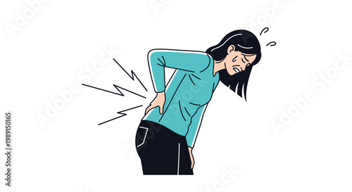 Young woman in casual clothing suffering from severe lower back pain with zigzag lines of discomfort.