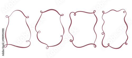 Hand drawn vintage ribbon frame. Cute outline border for wedding Valentine and Christmas doodle decor. Pink vector whimsical rectangles for invitation design and menu. Romantic collection