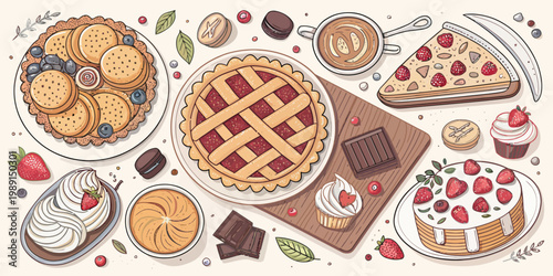 A colorful illustration of various sweet baked goods and desserts arranged on plates and a cutting board