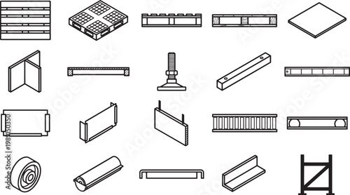 A collection of illustrated components used in construction industry.
