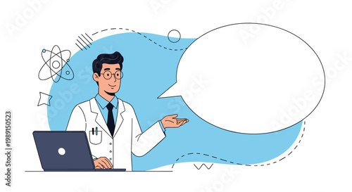 Friendly male scientist in a white lab coat stands by his laptop and gestures toward a large empty speech bubble for text.