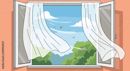 White curtains flutter in the breeze from an open window overlooking a lush green forest under a bright blue cloudy sky.