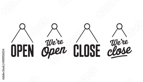 Business signs indicating open and close status with decorative hanging tags