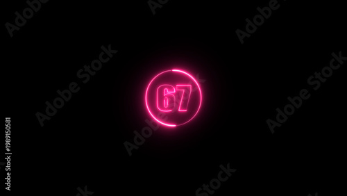 Glowing purple color neon number 67 on the black background.