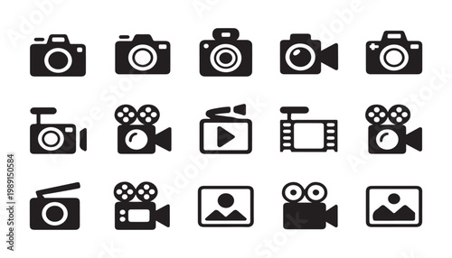 Collection of icons representing various photography and videography equipment and actions