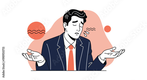 Stressed businessman in a suit and tie shrugging his shoulders with a disappointed expression against an abstract background.