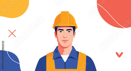 Professional construction worker in a yellow hard hat and safety vest poses for a portrait against a modern abstract background.
