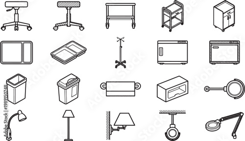 A collection of essential medical tools in line art, perfect for medical-themed projects or educational resources. 