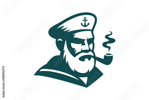Sailor man smoking pipe wearing cap with anchor and striped collar.