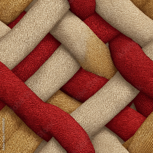 Close-up of intricately woven fabric with red and beige threads forming a detailed pattern.