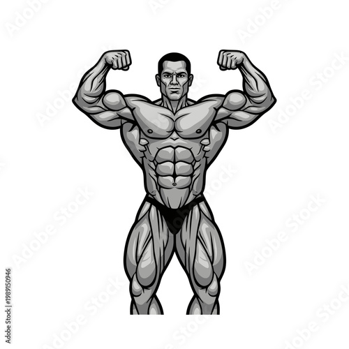 Strong Bodybuilder Vector Illustration Flexing Biceps and Showing Defined Abs in Front Pose
