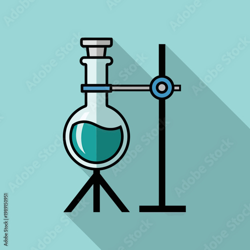 Science Laboratory Glassware Illustration: Round Bottom Flask with Blue Liquid Held by a Lab Stand and Tripod