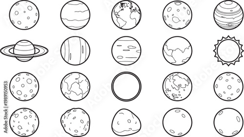 A captivating cosmic collection of celestial bodies, drawn in stark monochrome lines, creates an exquisite display of solar system wonders.
