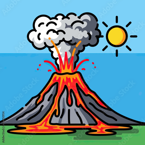 Cartoon Vector Illustration of a Volcano Erupting with Lava Flow and Ash Cloud by the Sea