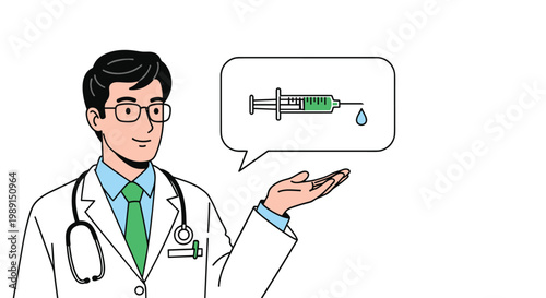 Professional male doctor in a white lab coat gestures toward a speech bubble containing a medical syringe with a drop.