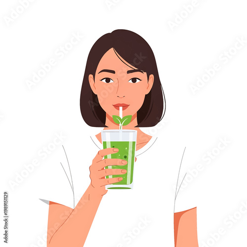 Woman Drinking Green Juice Beverage.