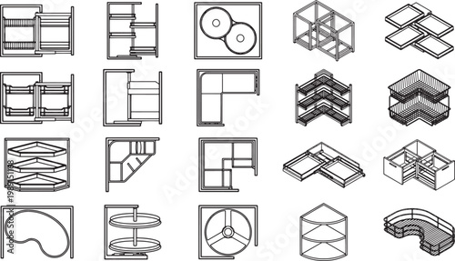Showcasing a collection of detailed, illustrative overhead view of kitchen storage design concepts and shelving units, offering design inspiration.