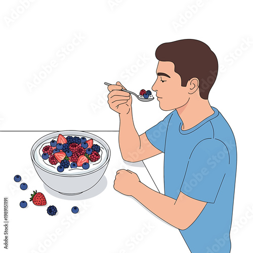Man eating fruit and yogurt breakfast.