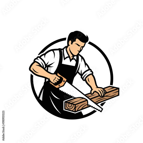 Male Professional Carpenter or Woodworker Sawing a Wood Plank Mascot Vector Illustration