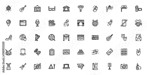 Scenic Arts icon set. Vector illustration pack featuring disco ball, guitar, painting, theatre, camera, microphone, film roll, red carpet, stage and more. Editable clipart.