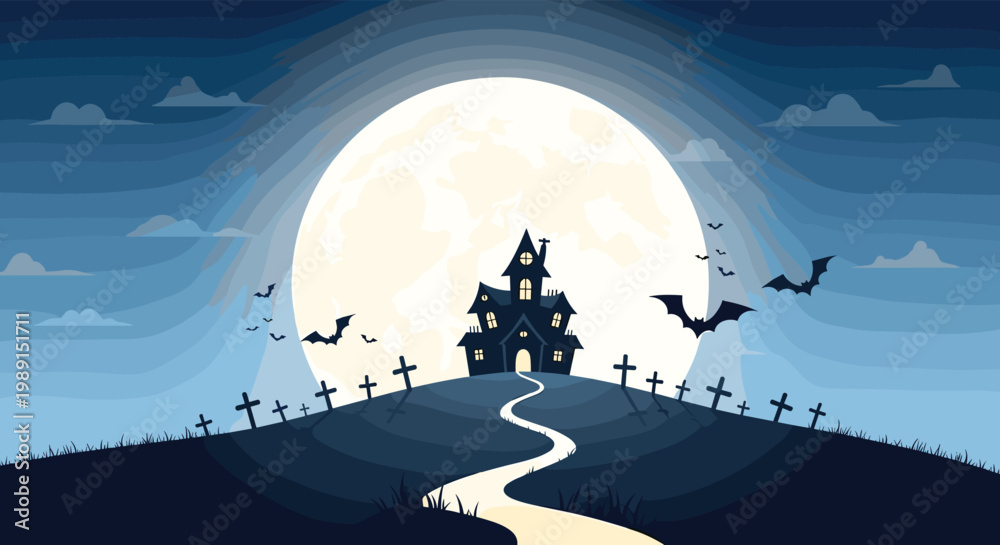 Fototapeta premium Spooky haunted house sits on a hill under a large full moon with flying bats and graves for a halloween background.
