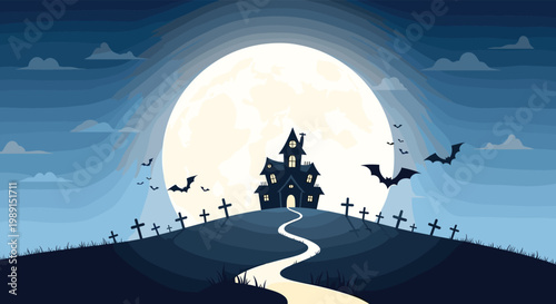 Spooky haunted house sits on a hill under a large full moon with flying bats and graves for a halloween background.