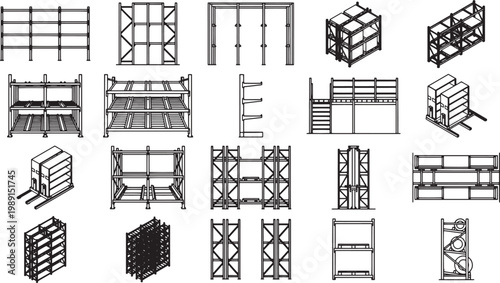 A comprehensive collection of industrial shelving unit designs, ideal for architectural and manufacturing applications. This image showcases a diverse range of shelving units.