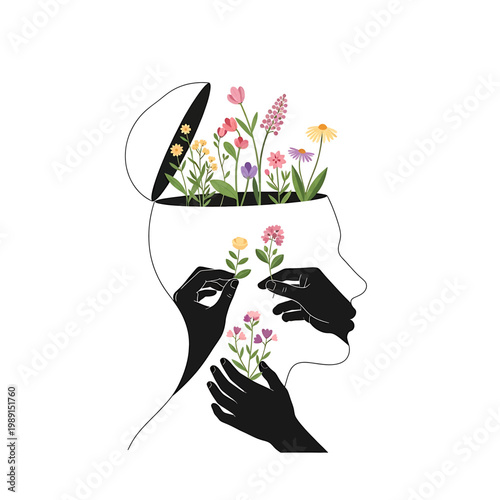 Schilderij op canvas Person with flowers in head profile.