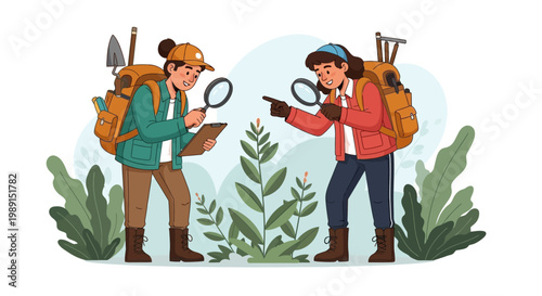 Two Archaeologists Studying Plants with Magnifying Glasses and Backpacks in Nature