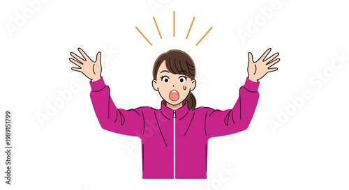 Surprised young woman in a pink tracksuit raising her hands in excitement or shock, set against a clean white background.