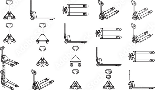A collection of detailed, precise line art illustrations, featuring a variety of pallet jacks, perfect for industrial and logistics themes.