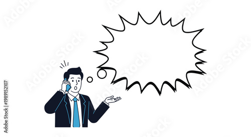 Surprised businessman talking on a cell phone while gesturing toward a large jagged speech bubble for impactful messages.