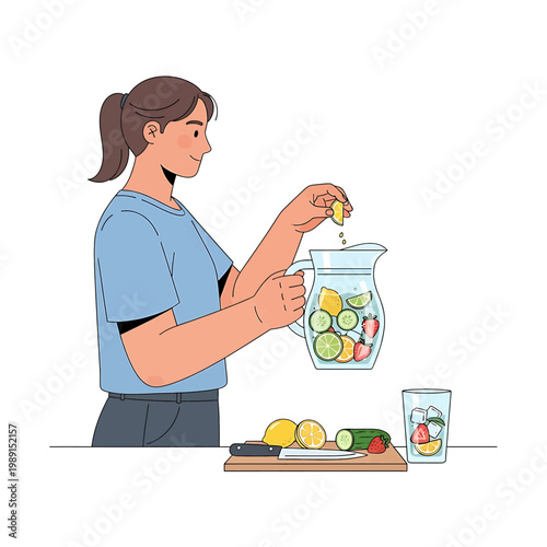 Woman squeezing lemon into pitcher.