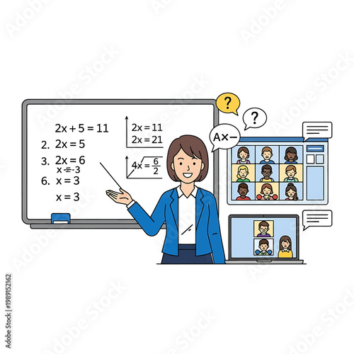 Woman teacher explaining math on board.