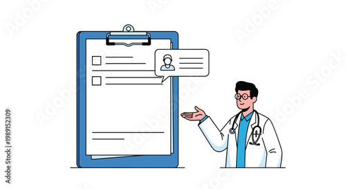 Male doctor in a white lab coat gesturing toward a giant blue clipboard containing medical forms and a patient profile icon.