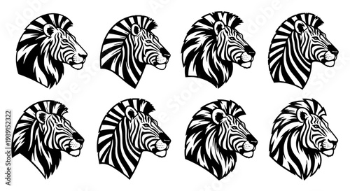 Zebras black and white striped head icons set with profile views, side profiles, and mane details in a vector illustration style for graphic design