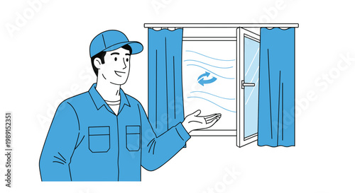 Service worker in a blue uniform and cap gesturing towards an open window to demonstrate proper ventilation and air flow.