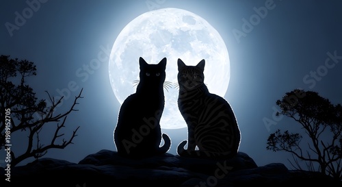 Two Cats Silhouette Under Full Moon Night
Black Cat Couple Silhouette in Moonlit Landscape
Moonlight Feline Shadows on Hill