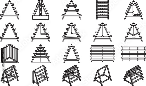 Geometric displays of minimalist wooden structures, showcasing design variations in a linear arrangement. Evoking a sense of architectural simplicity and structural integrity.