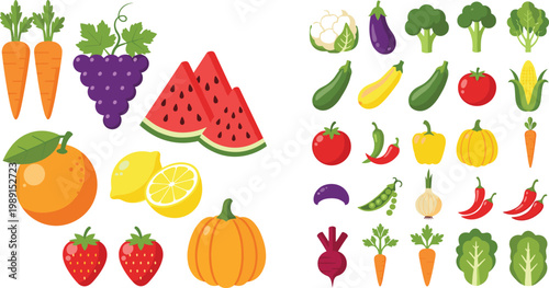 Fresh fruits and vegetables collection with grapes, watermelon, pumpkin, tomato, corn, broccoli and carrots vector illustration healthy organic food set