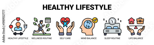 Healthy Lifestyle web banner icon vector illustration concept with icons of healthy lifestyle, wellness routine, self care, mind balance, sleep routine, and life balance. 