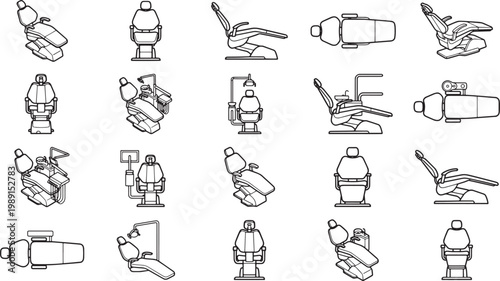 A comprehensive array of meticulously crafted dental chair illustrations, showcasing diverse angles and perspectives to meet design and informative needs.