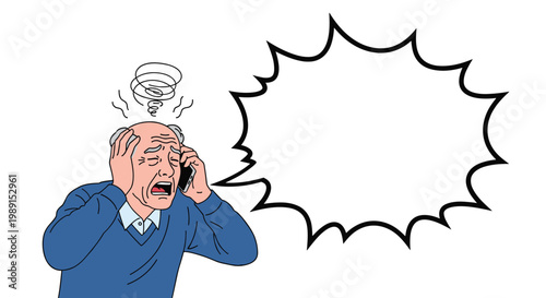 Senior man in a blue sweater looking very stressed while on a phone call with a large blank jagged speech bubble.