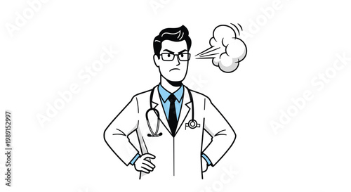 Grumpy male doctor in a white lab coat with a stethoscope standing with hands on hips and steam coming from his head.