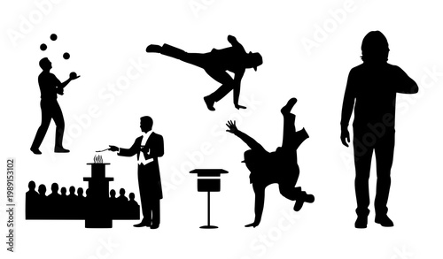 Performance silhouettes vector juggler breakdancer magician audience illustration