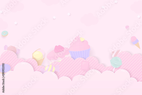 Cute dessert and paper cloud background