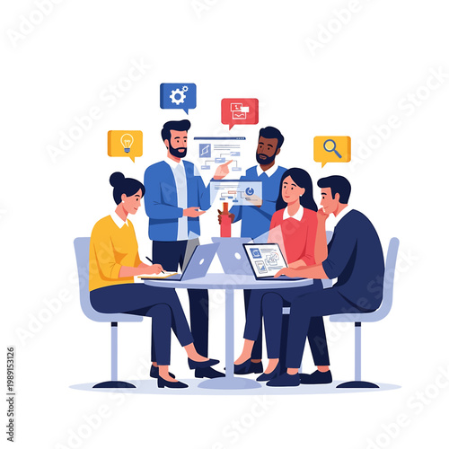 Business people discussing project ideas together 1.