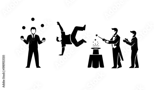 Performance silhouette icon set vector entertainment dance magic minimal illustration