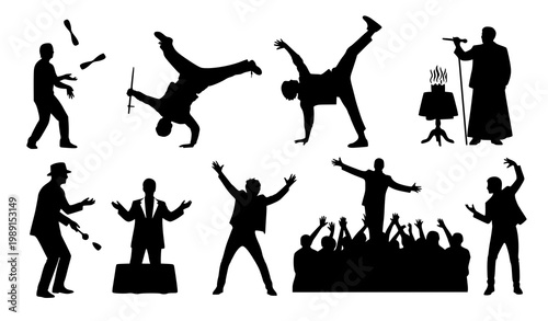 Artistic performance silhouettes vector dance magic juggling entertainment illustration